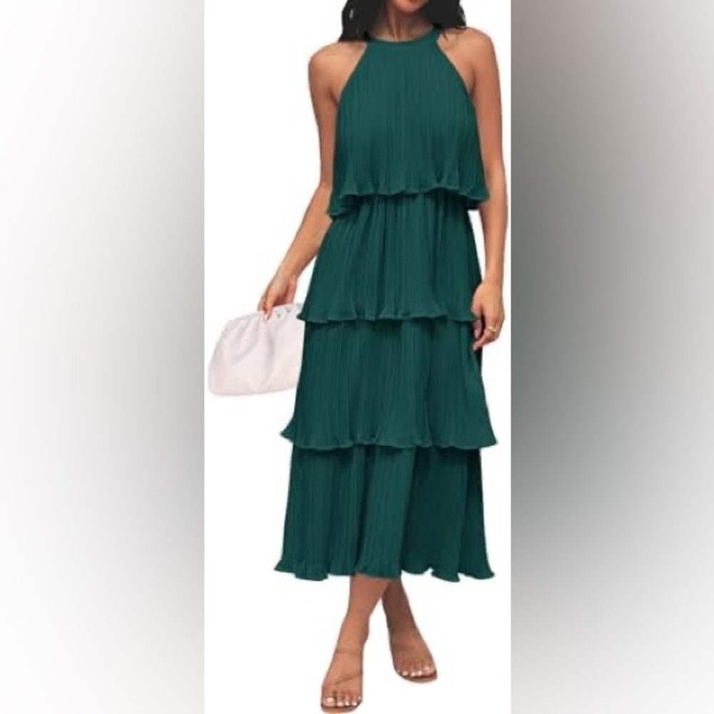 NWT Halter Tiered Pleated Maxi Dress in Teal Green